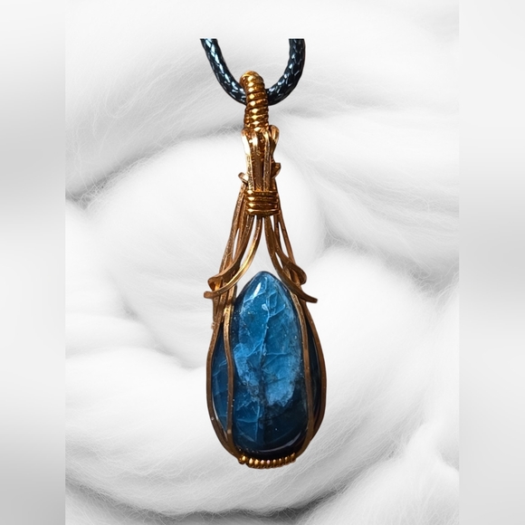 Hand Crafted Jewelry - Handmade Apatite Teardrop Pendant, Wrapped in Copper, Art Deco Style Necklace